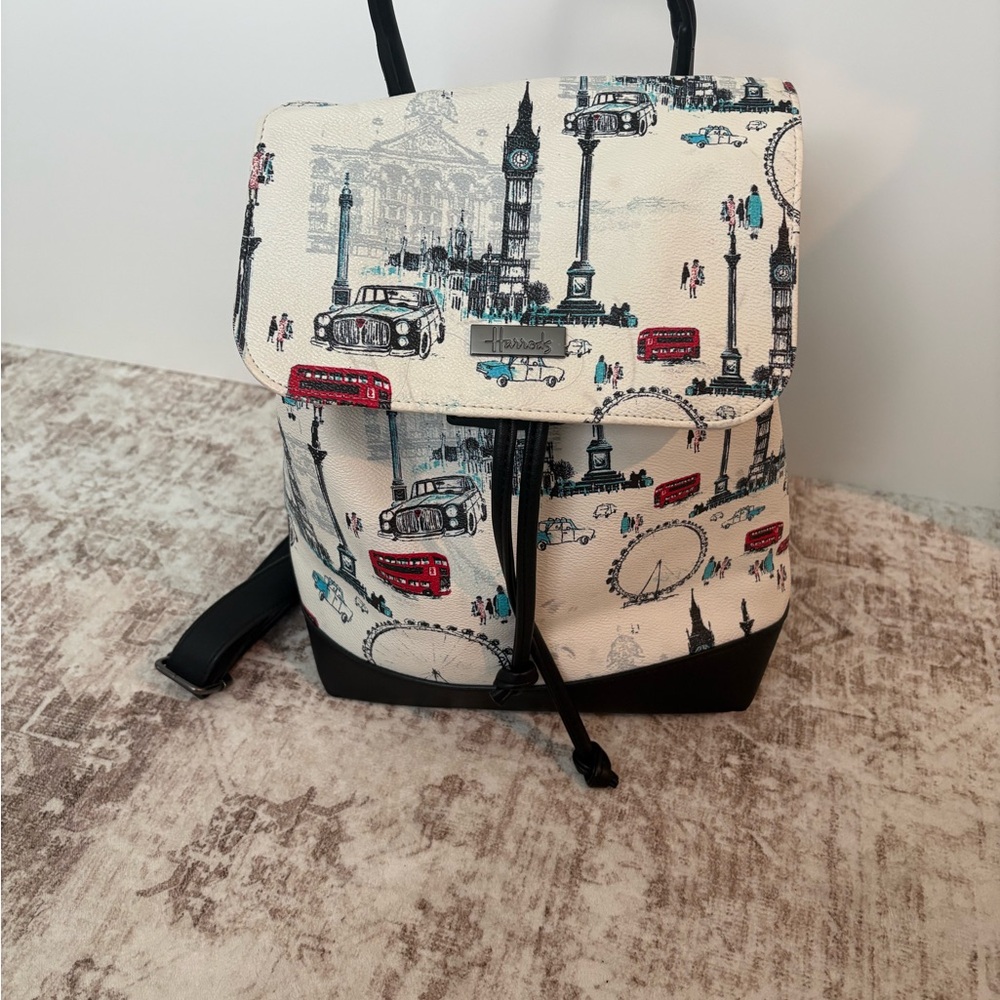 Harrods White London Print Backpack with Black Trim